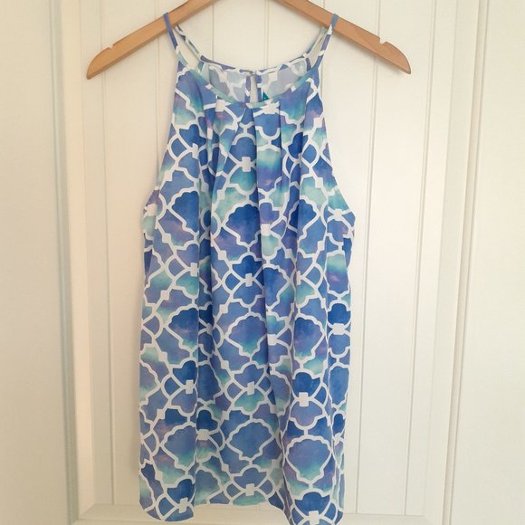Tori Richard Blue Print Trapeze Sleeveless Spaghetti Strap Top Size 10 - Picture 1 of 10